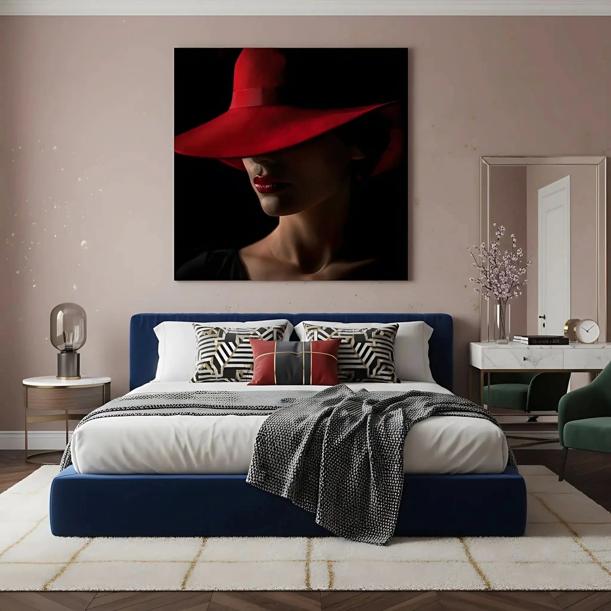 Portrait d'une femme avec un chapeau rouge, accentuant ses lèvres rouges et créant une ambiance mystérieuse et élégante, idéale pour un espace moderne.