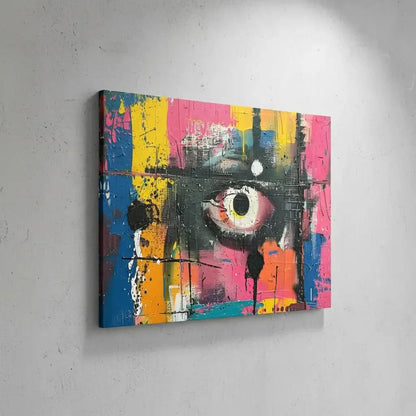 Oeil abstrait avec des couleurs vives de bleu, jaune et rose, évoquant passion et mystère, parfait pour les salons modernes et un décor contemporain