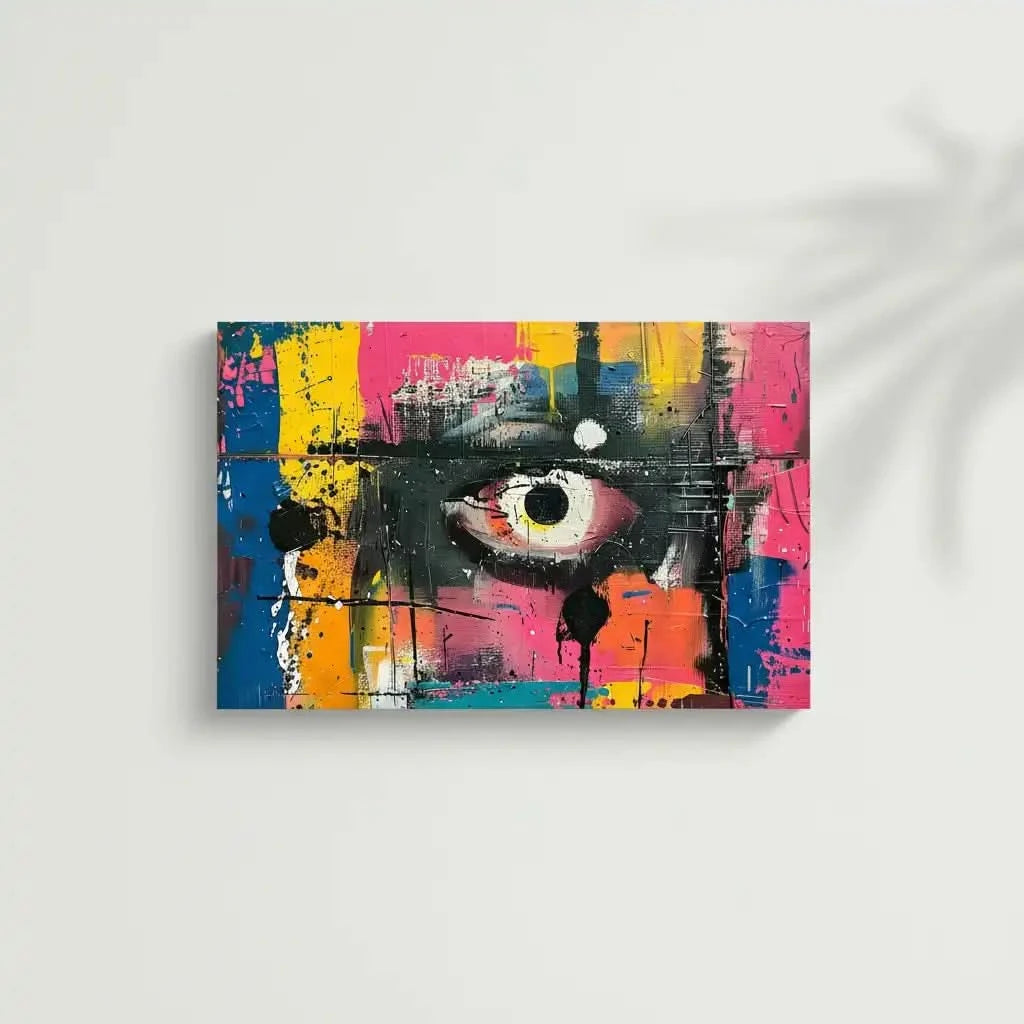 Oeil abstrait avec des couleurs vives de bleu, jaune et rose, évoquant passion et mystère, parfait pour les salons modernes et un décor contemporain