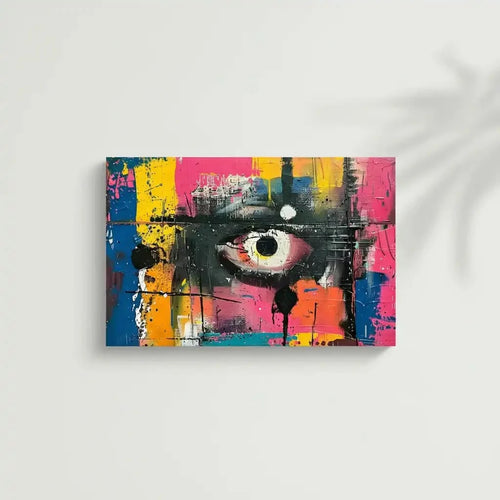 Oeil abstrait avec des couleurs vives de bleu, jaune et rose, évoquant passion et mystère, parfait pour les salons modernes et un décor contemporain