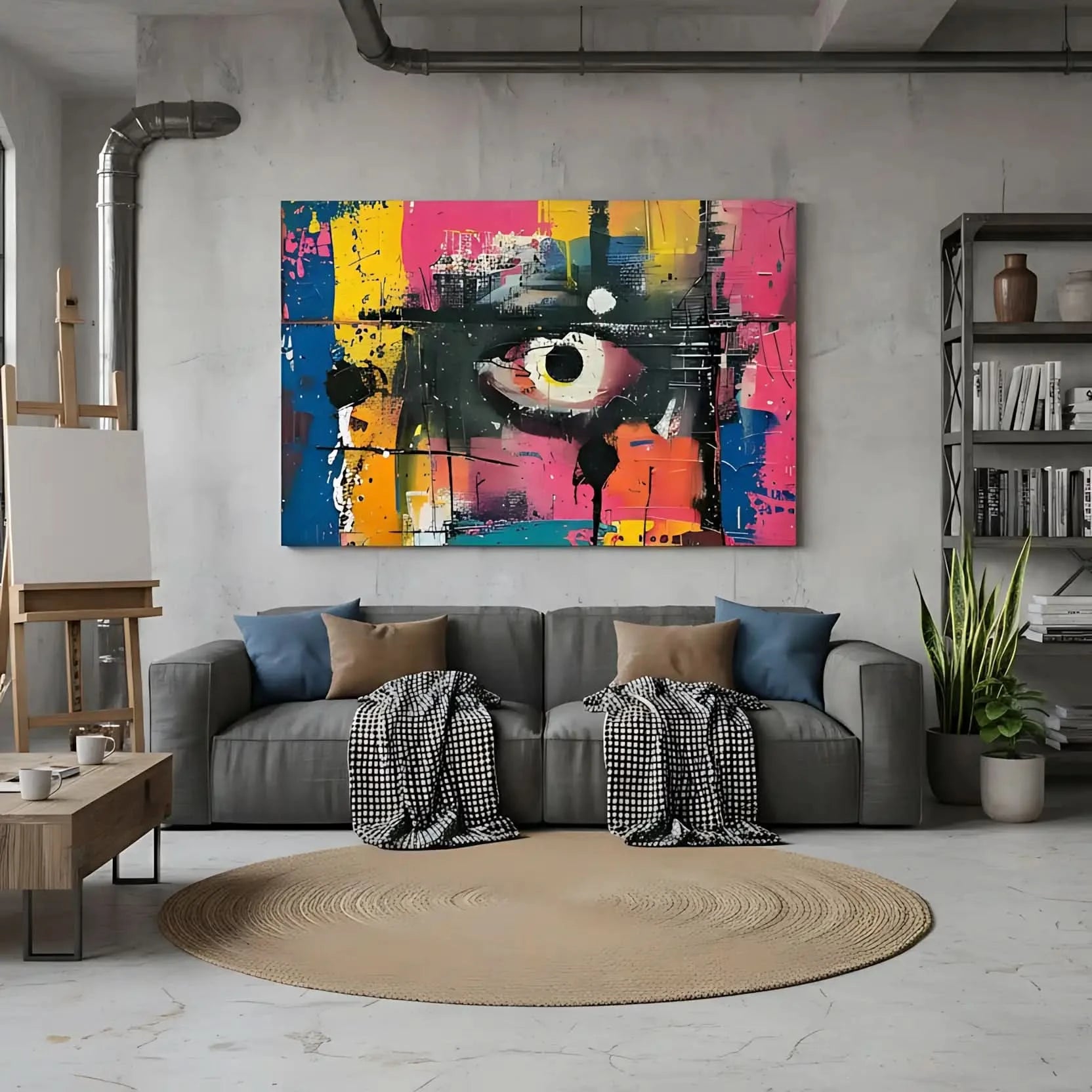 Oeil abstrait avec des couleurs vives de bleu, jaune et rose, évoquant passion et mystère, parfait pour les salons modernes et un décor contemporain
