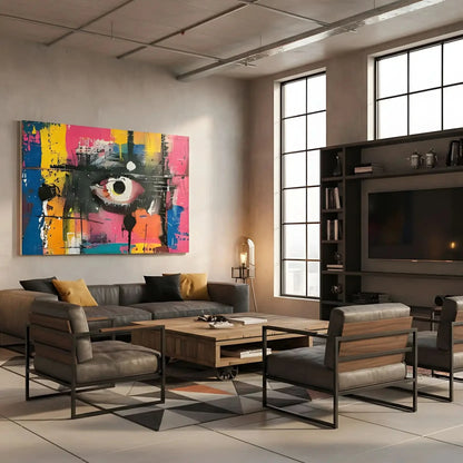 Oeil abstrait avec des couleurs vives de bleu, jaune et rose, évoquant passion et mystère, parfait pour les salons modernes et un décor contemporain