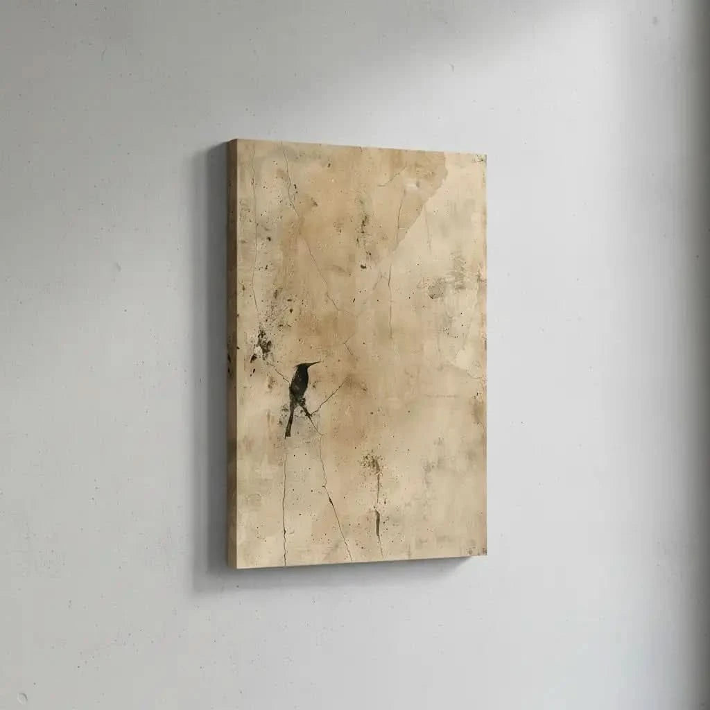 Peinture abstraite avec des fissures et un oiseau en noir, créant une ambiance mystérieuse pour un salon.