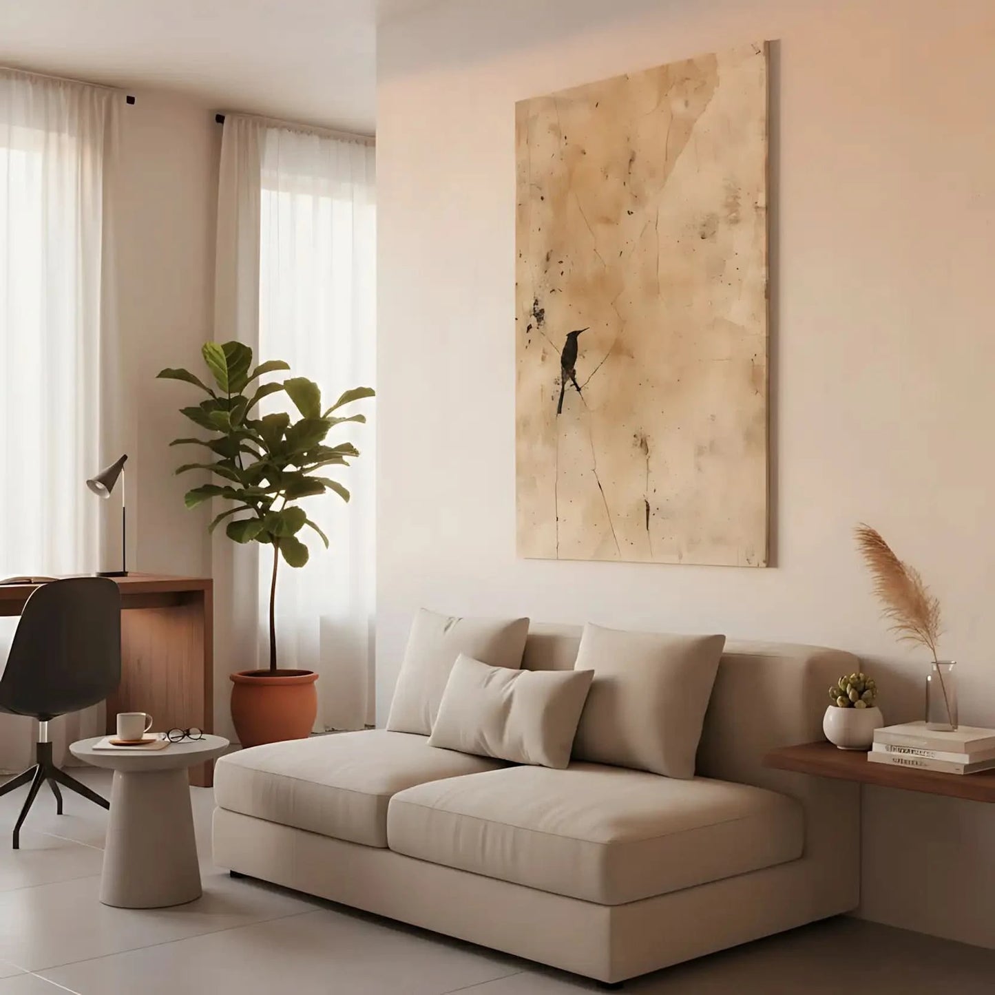 Peinture abstraite avec des fissures et un oiseau en noir, créant une ambiance mystérieuse pour un salon.