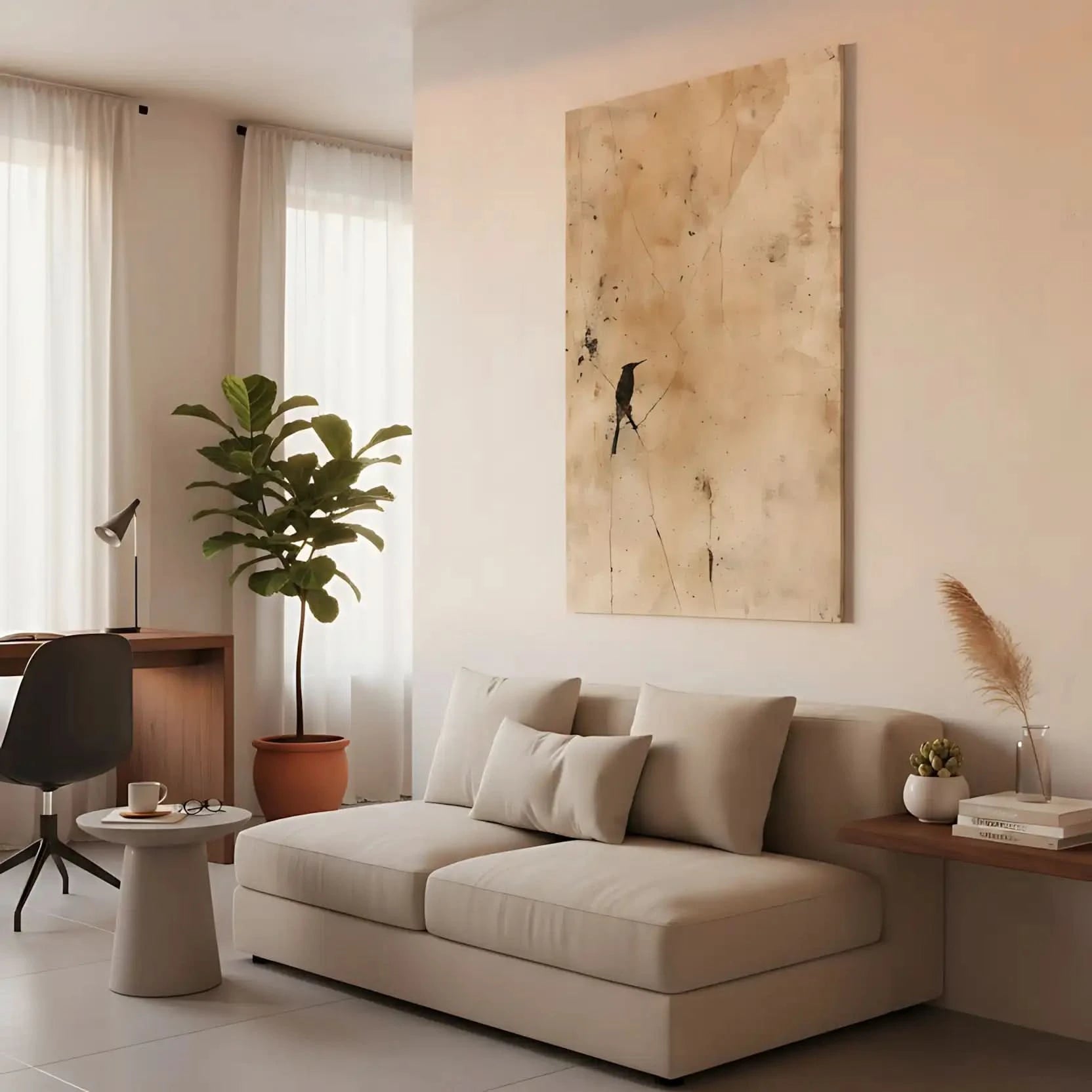 Peinture abstraite avec des fissures et un oiseau en noir, créant une ambiance mystérieuse pour un salon.