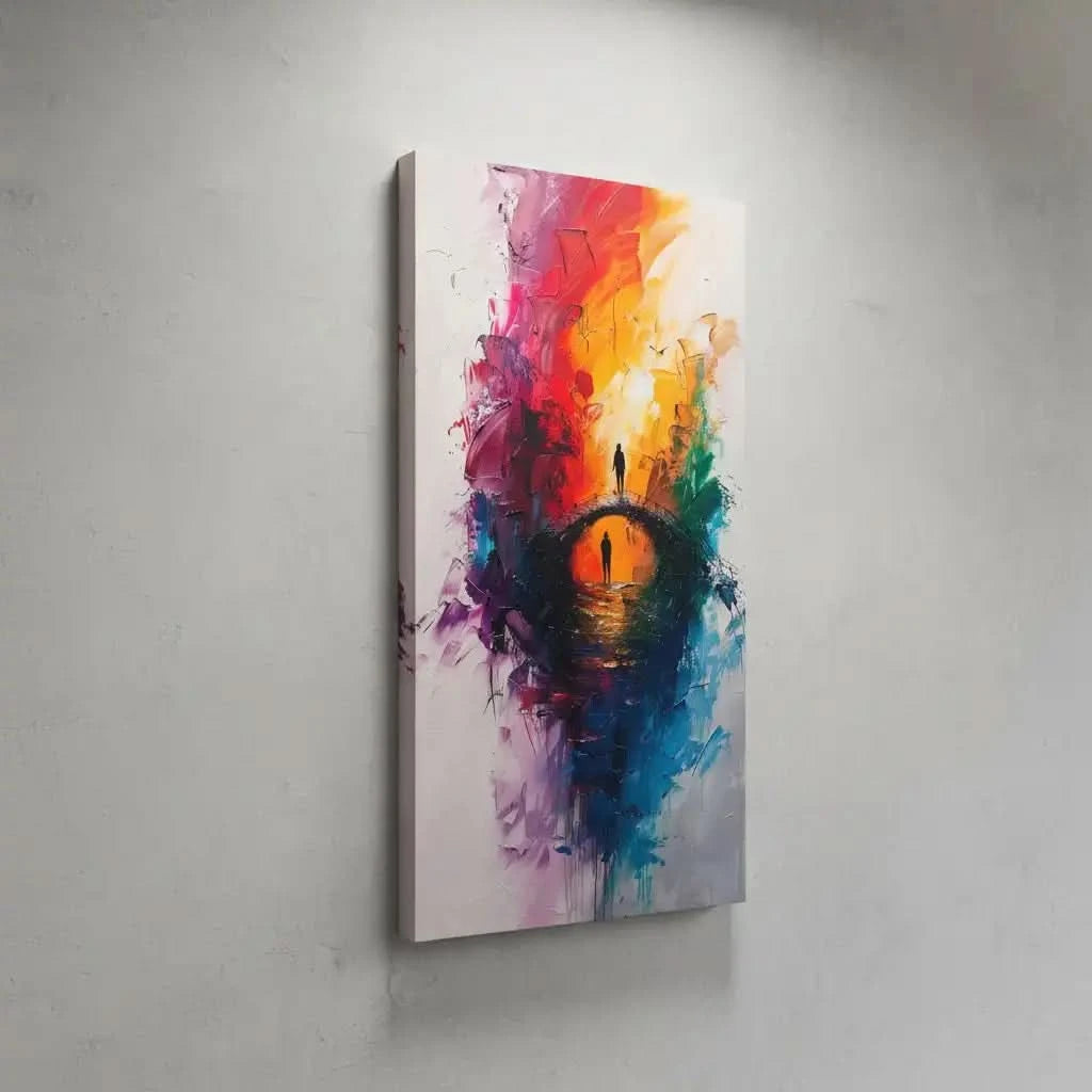 Un pont vibrant traversé par deux silhouettes humaines, entourées d'une explosion de couleurs intenses et expressives.