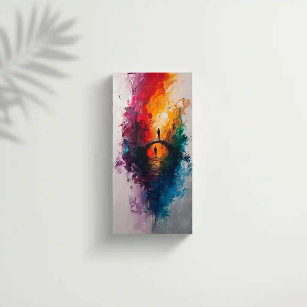 Un pont vibrant traversé par deux silhouettes humaines, entourées d'une explosion de couleurs intenses et expressives.