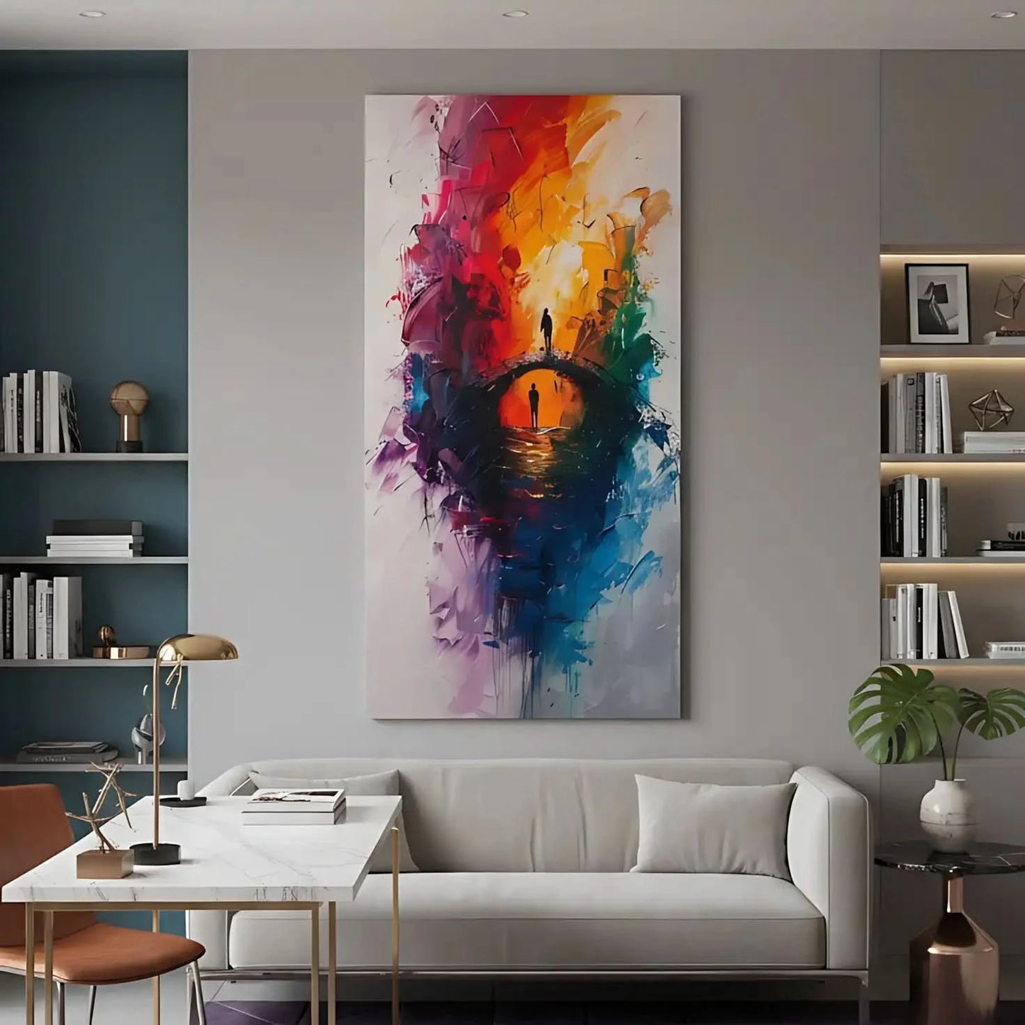 Un pont vibrant traversé par deux silhouettes humaines, entourées d'une explosion de couleurs intenses et expressives.