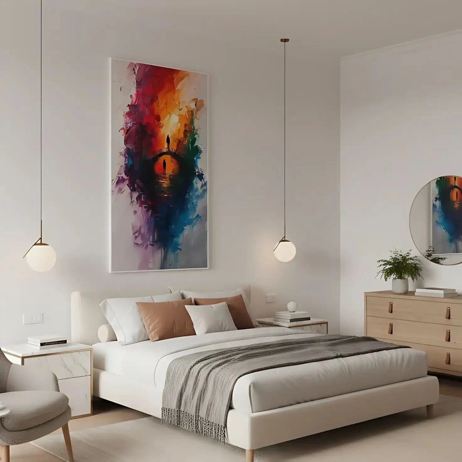 Un pont vibrant traversé par deux silhouettes humaines, entourées d'une explosion de couleurs intenses et expressives.