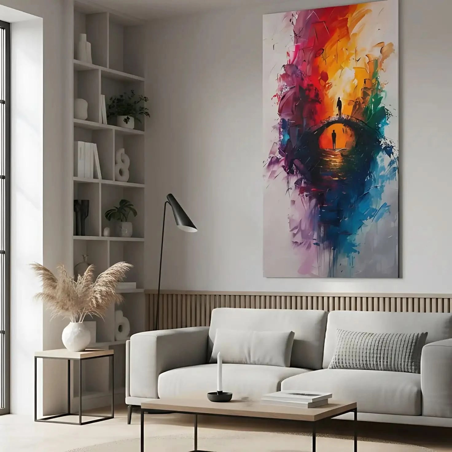 Un pont vibrant traversé par deux silhouettes humaines, entourées d'une explosion de couleurs intenses et expressives.