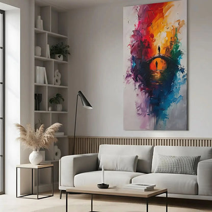 Un pont vibrant traversé par deux silhouettes humaines, entourées d'une explosion de couleurs intenses et expressives.