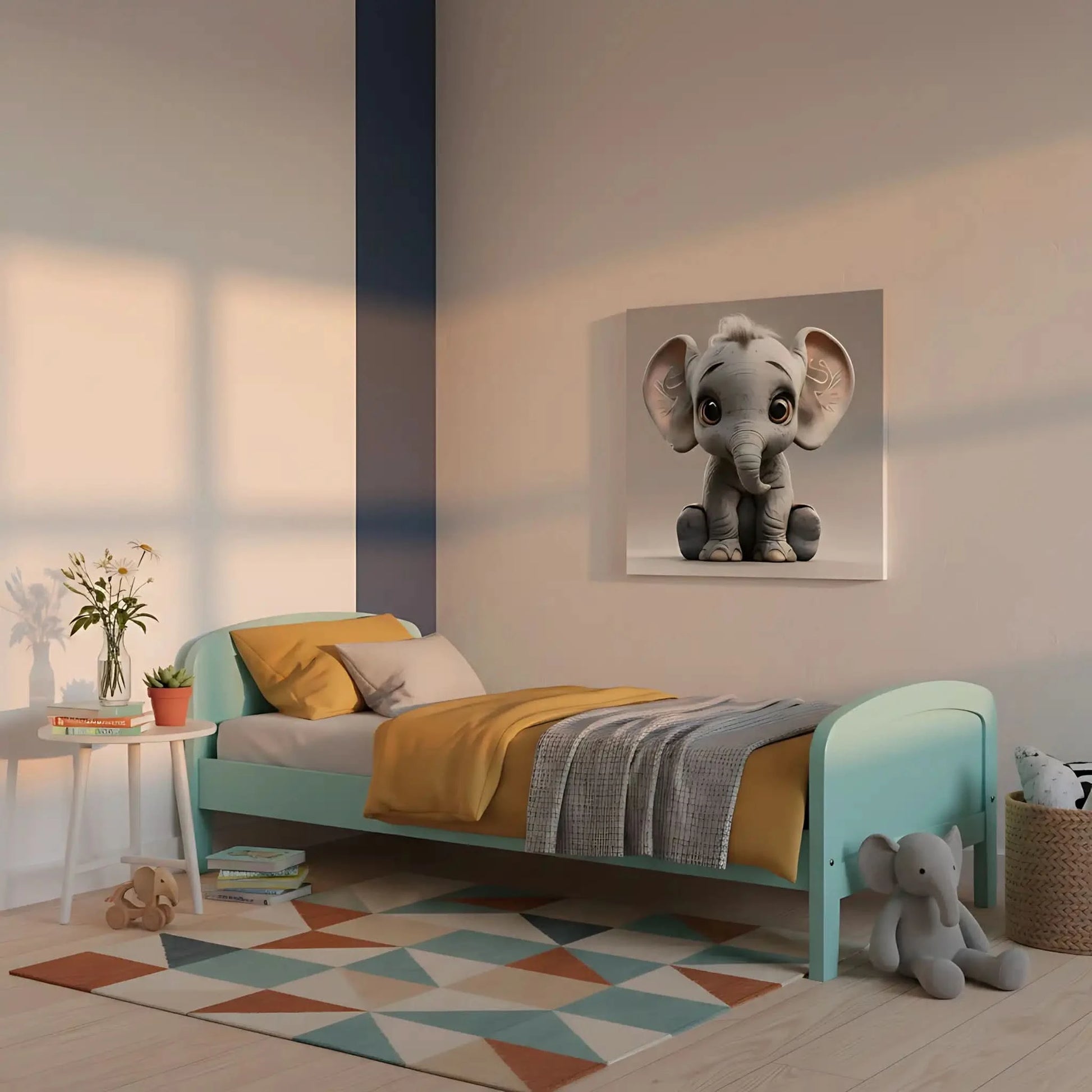 Illustration d'un éléphant adorable, apportant une touche de douceur et de confort à la décoration intérieure.