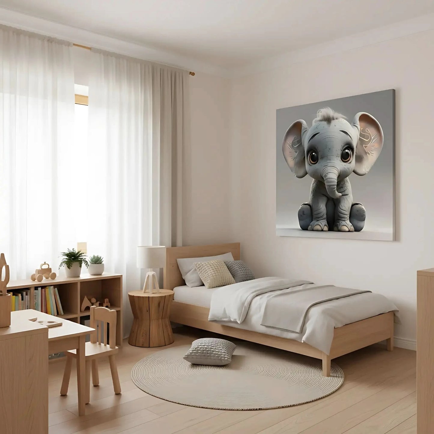 Illustration d'un éléphant adorable, apportant une touche de douceur et de confort à la décoration intérieure.