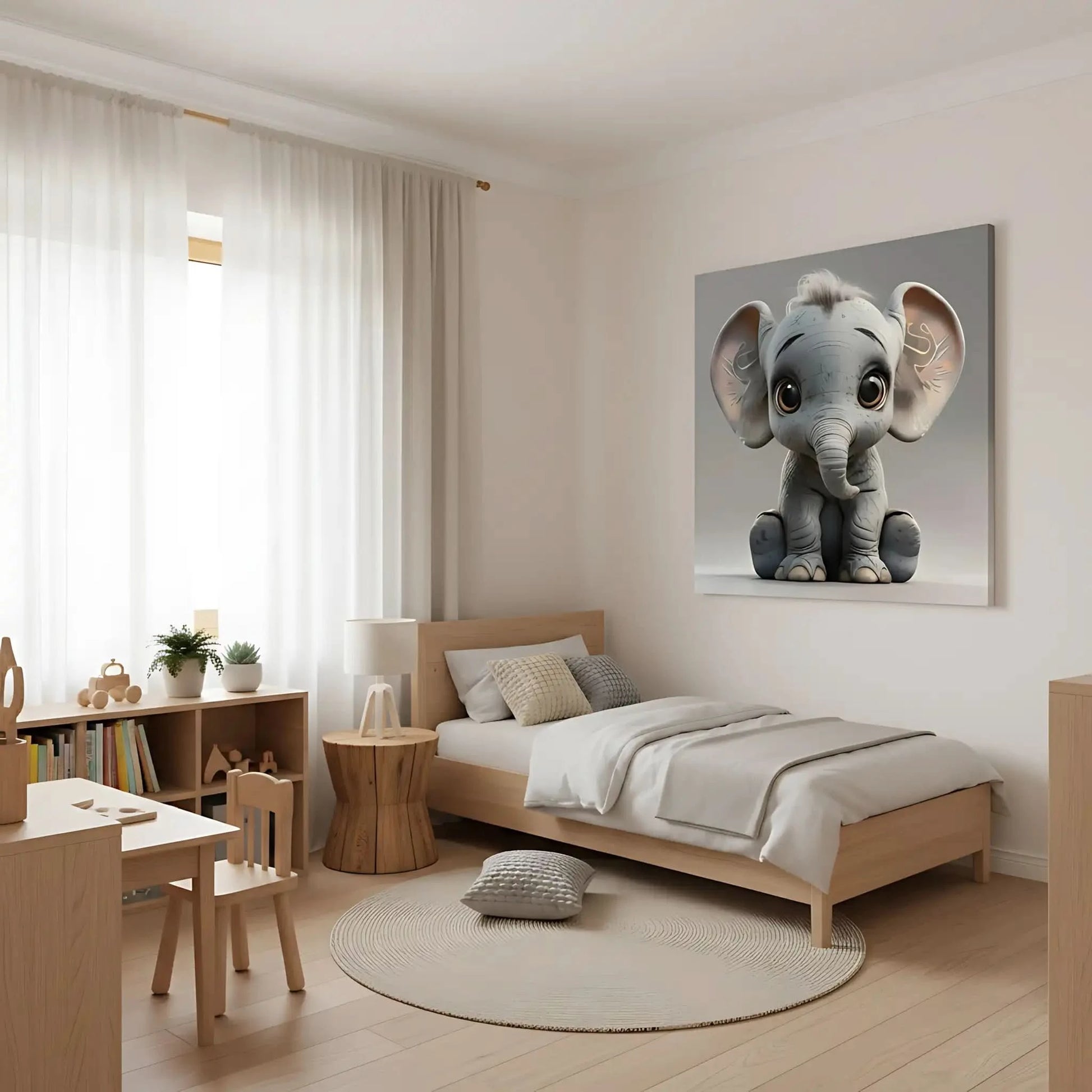 Illustration d'un éléphant adorable, apportant une touche de douceur et de confort à la décoration intérieure.
