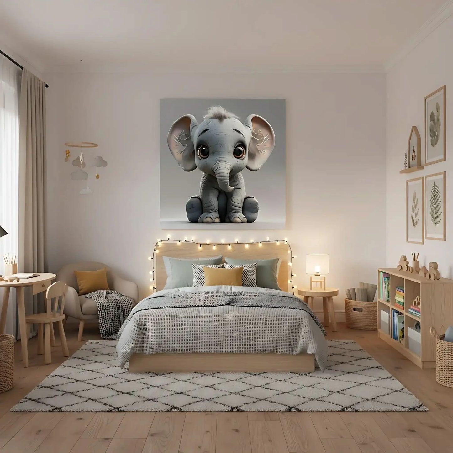 Illustration d'un éléphant adorable, apportant une touche de douceur et de confort à la décoration intérieure.