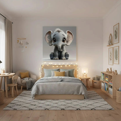 Illustration d'un éléphant adorable, apportant une touche de douceur et de confort à la décoration intérieure.