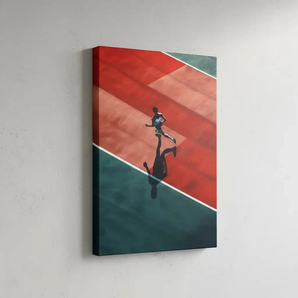 Photographie d'un athlète courant sur une piste rouge et verte, créant une ambiance dynamique et énergique, idéale pour une salle de sport.