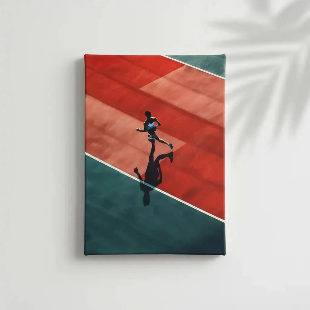 Photographie d'un athlète courant sur une piste rouge et verte, créant une ambiance dynamique et énergique, idéale pour une salle de sport.