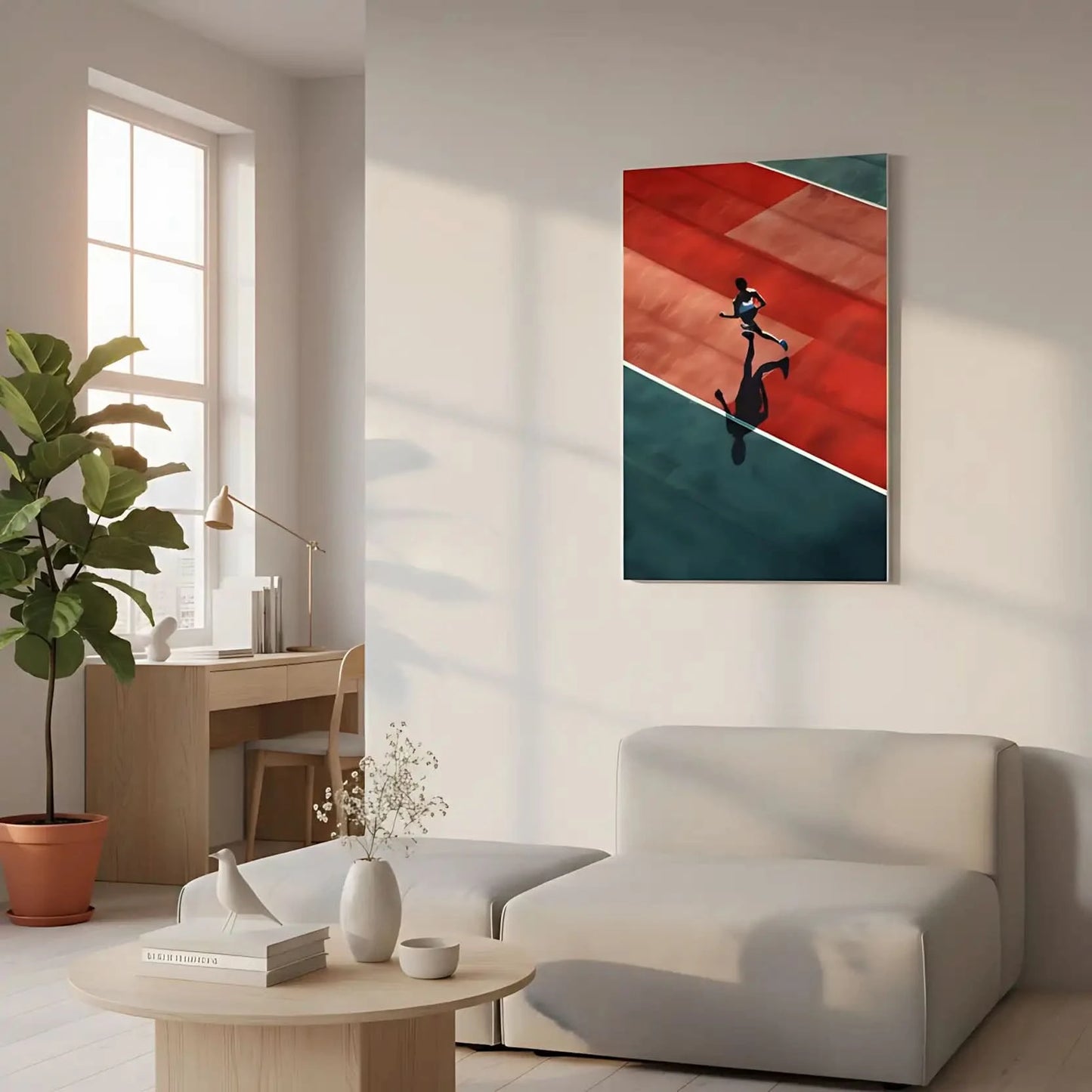 Photographie d'un athlète courant sur une piste rouge et verte, créant une ambiance dynamique et énergique, idéale pour une salle de sport.