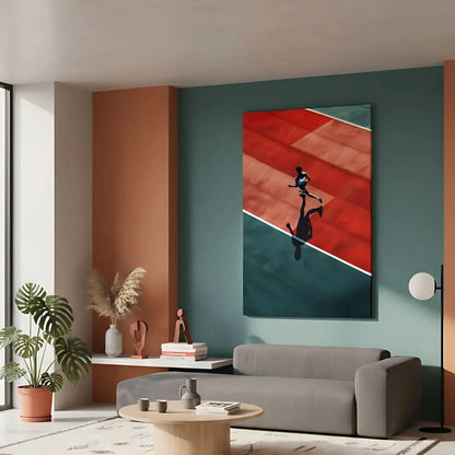 Photographie d'un athlète courant sur une piste rouge et verte, créant une ambiance dynamique et énergique, idéale pour une salle de sport.