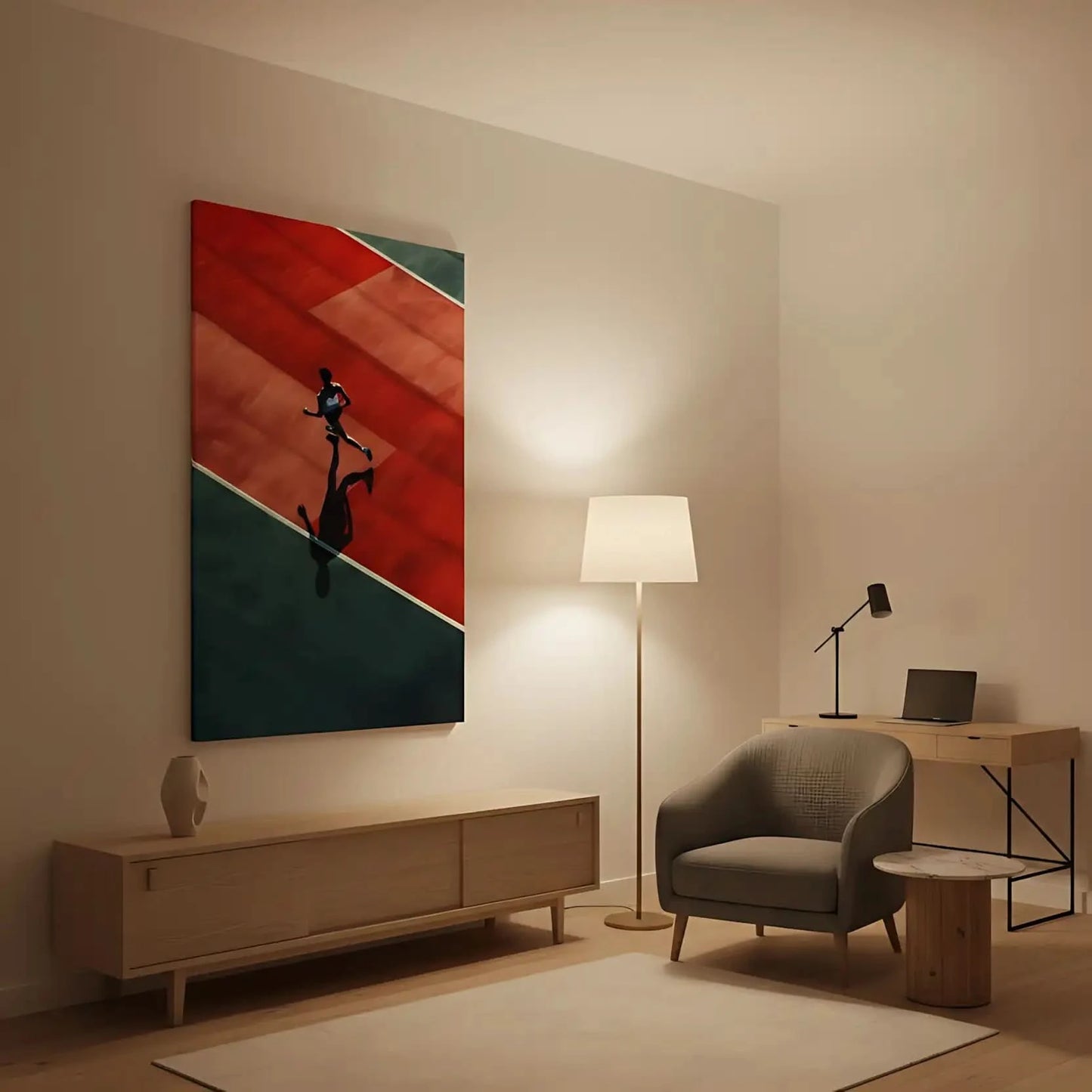 Photographie d'un athlète courant sur une piste rouge et verte, créant une ambiance dynamique et énergique, idéale pour une salle de sport.