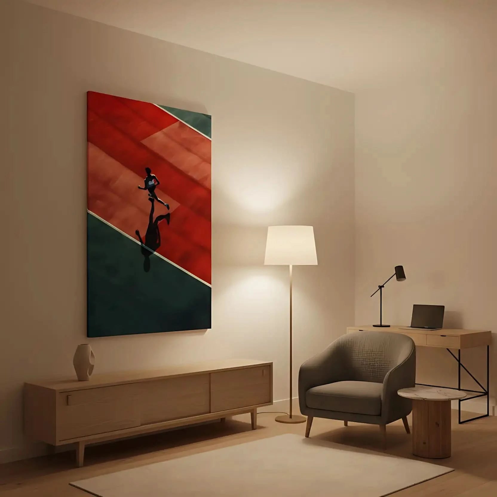 Photographie d'un athlète courant sur une piste rouge et verte, créant une ambiance dynamique et énergique, idéale pour une salle de sport.