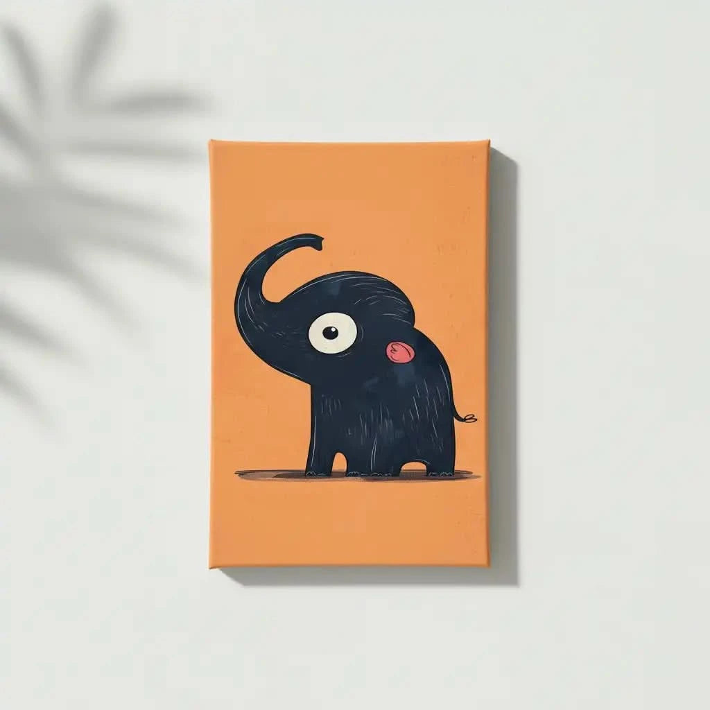 Illustration d'un éléphant mignon avec une grande oreille et une queue enroulée, sur fond orange, idéale pour une chambre enfantine.