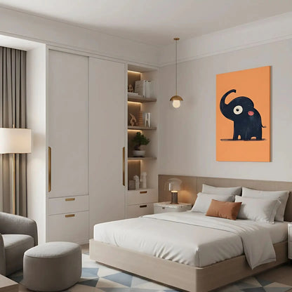 Illustration d'un éléphant mignon avec une grande oreille et une queue enroulée, sur fond orange, idéale pour une chambre enfantine.