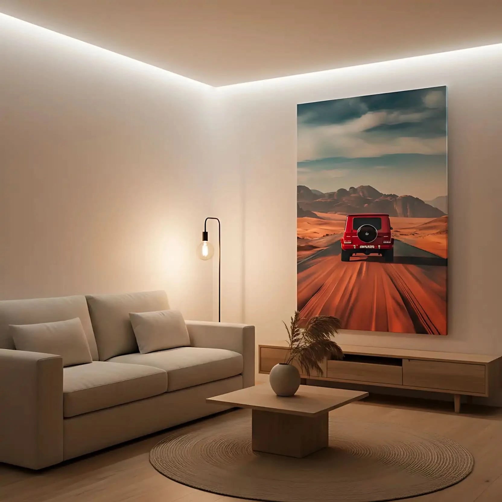 Photographie d'un voiture rouge roulant sur une route désertique, avec un paysage de montagnes lointaines, créant une ambiance d'aventure.