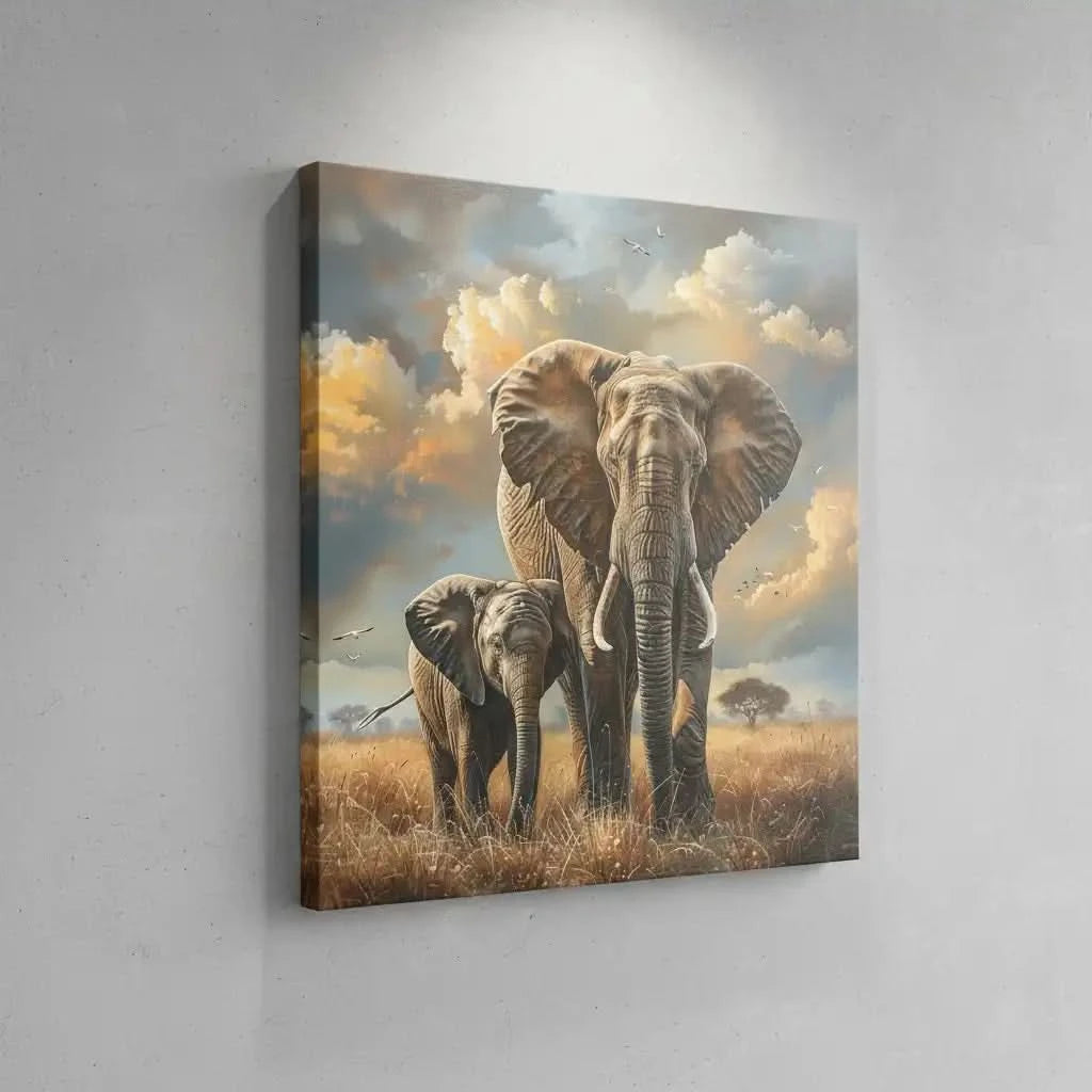 Illustration de deux éléphants traversant la savane, une scène puissante et impressionnante remplie de majesté.