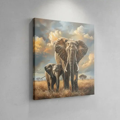 Illustration de deux éléphants traversant la savane, une scène puissante et impressionnante remplie de majesté.