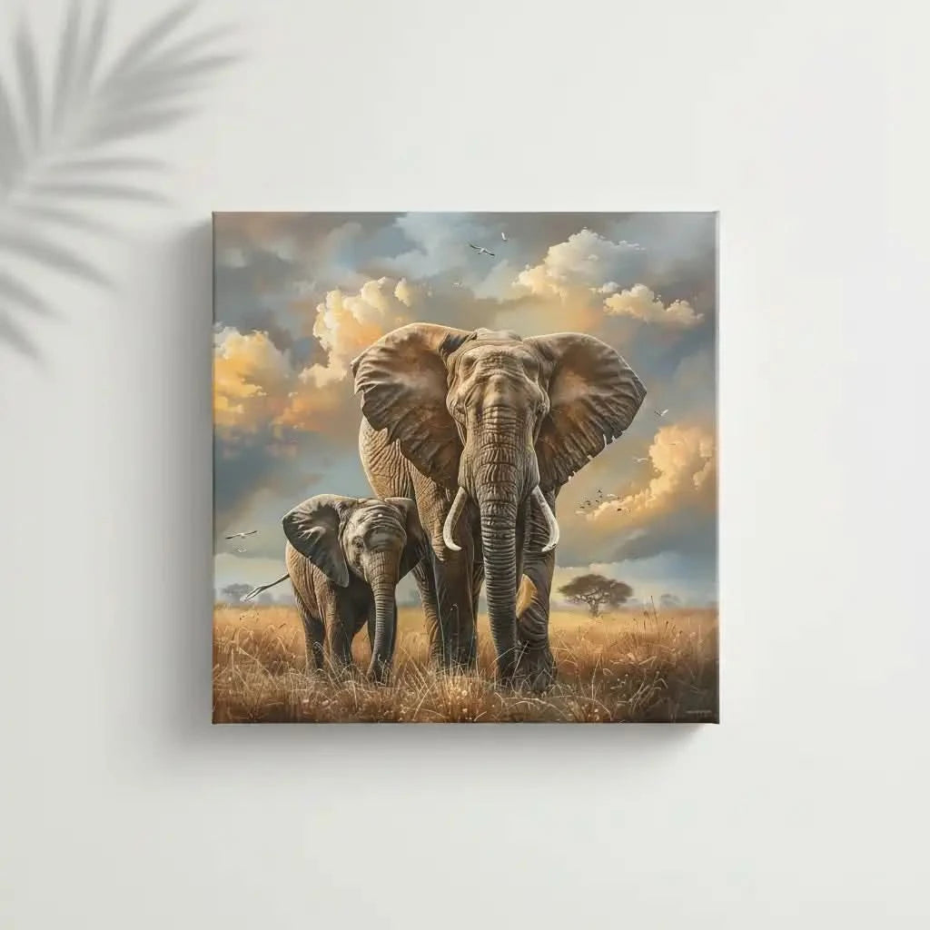 Illustration de deux éléphants traversant la savane, une scène puissante et impressionnante remplie de majesté.