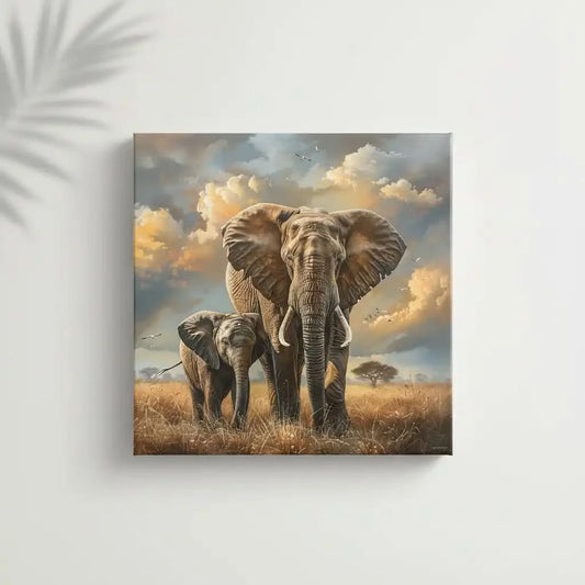 Illustration de deux éléphants traversant la savane, une scène puissante et impressionnante remplie de majesté.