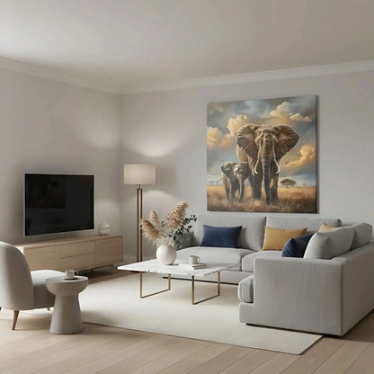 Illustration de deux éléphants traversant la savane, une scène puissante et impressionnante remplie de majesté.