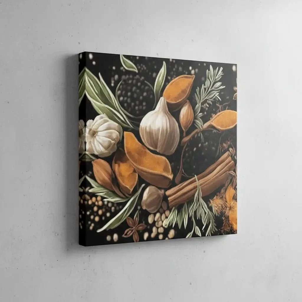Nature morte avec épices et herbes, teintes orange et brun sur fond noir, ambiance chaleureuse pour cuisine ou salon.
