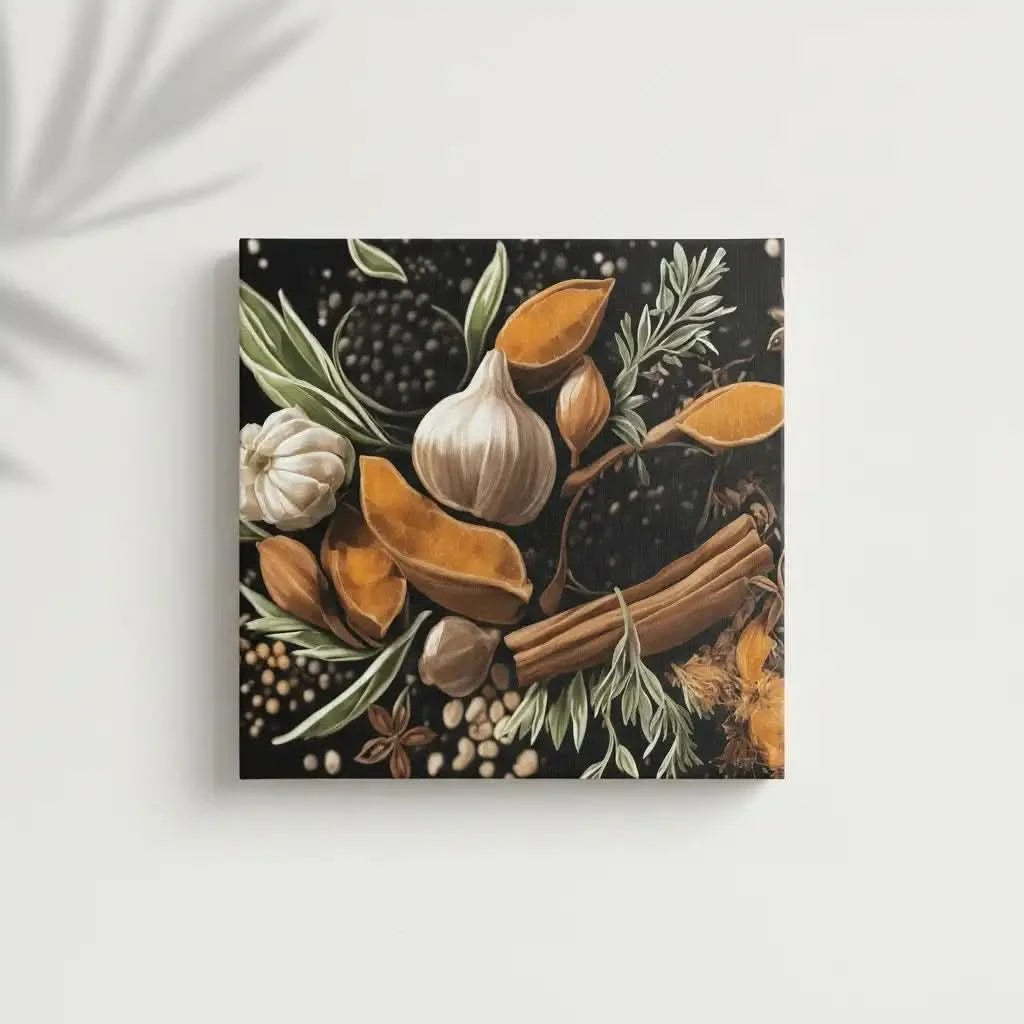 Nature morte avec épices et herbes, teintes orange et brun sur fond noir, ambiance chaleureuse pour cuisine ou salon.