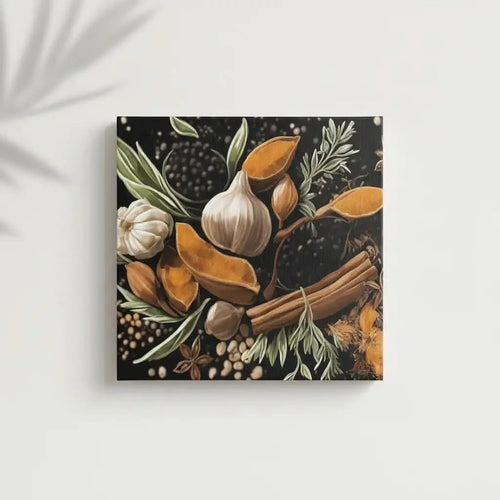 Nature morte avec épices et herbes, teintes orange et brun sur fond noir, ambiance chaleureuse pour cuisine ou salon.