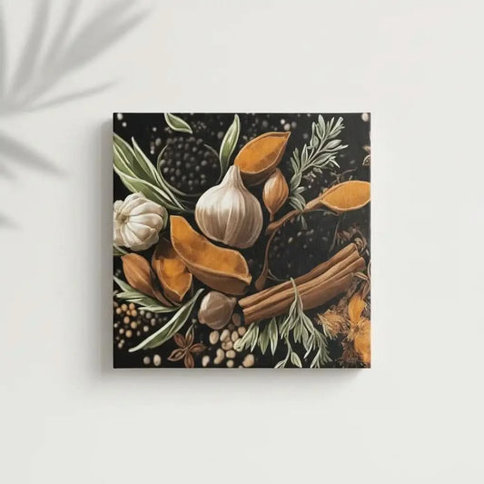 Nature morte avec épices et herbes, teintes orange et brun sur fond noir, ambiance chaleureuse pour cuisine ou salon.