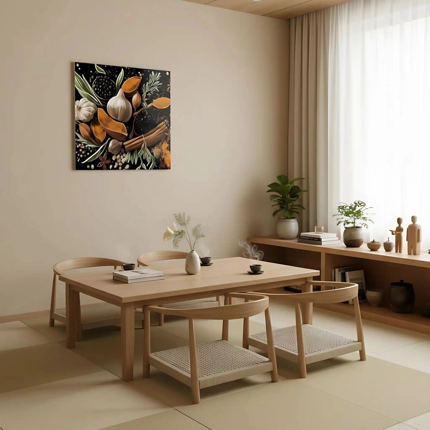 Nature morte avec épices et herbes, teintes orange et brun sur fond noir, ambiance chaleureuse pour cuisine ou salon.