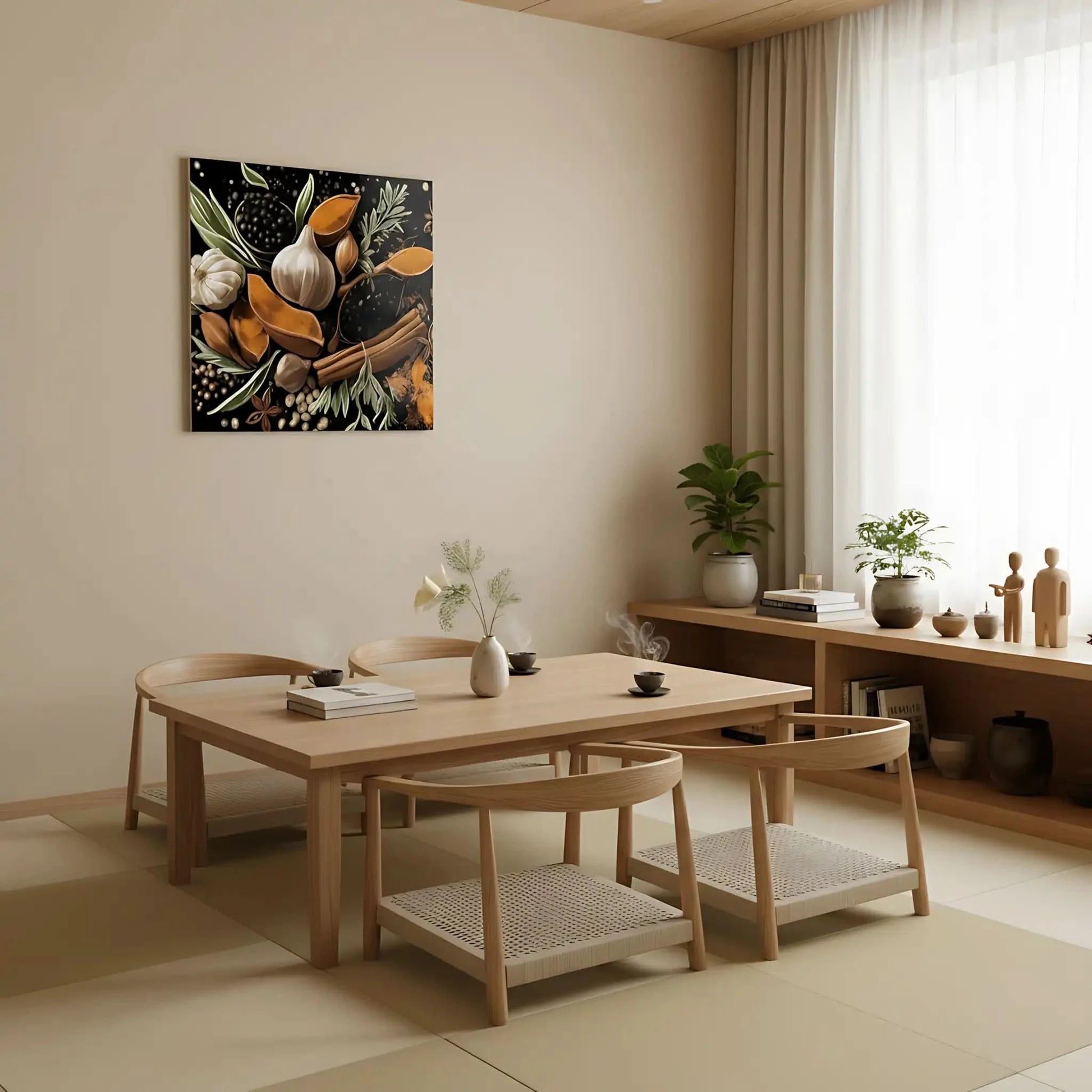 Nature morte avec épices et herbes, teintes orange et brun sur fond noir, ambiance chaleureuse pour cuisine ou salon.