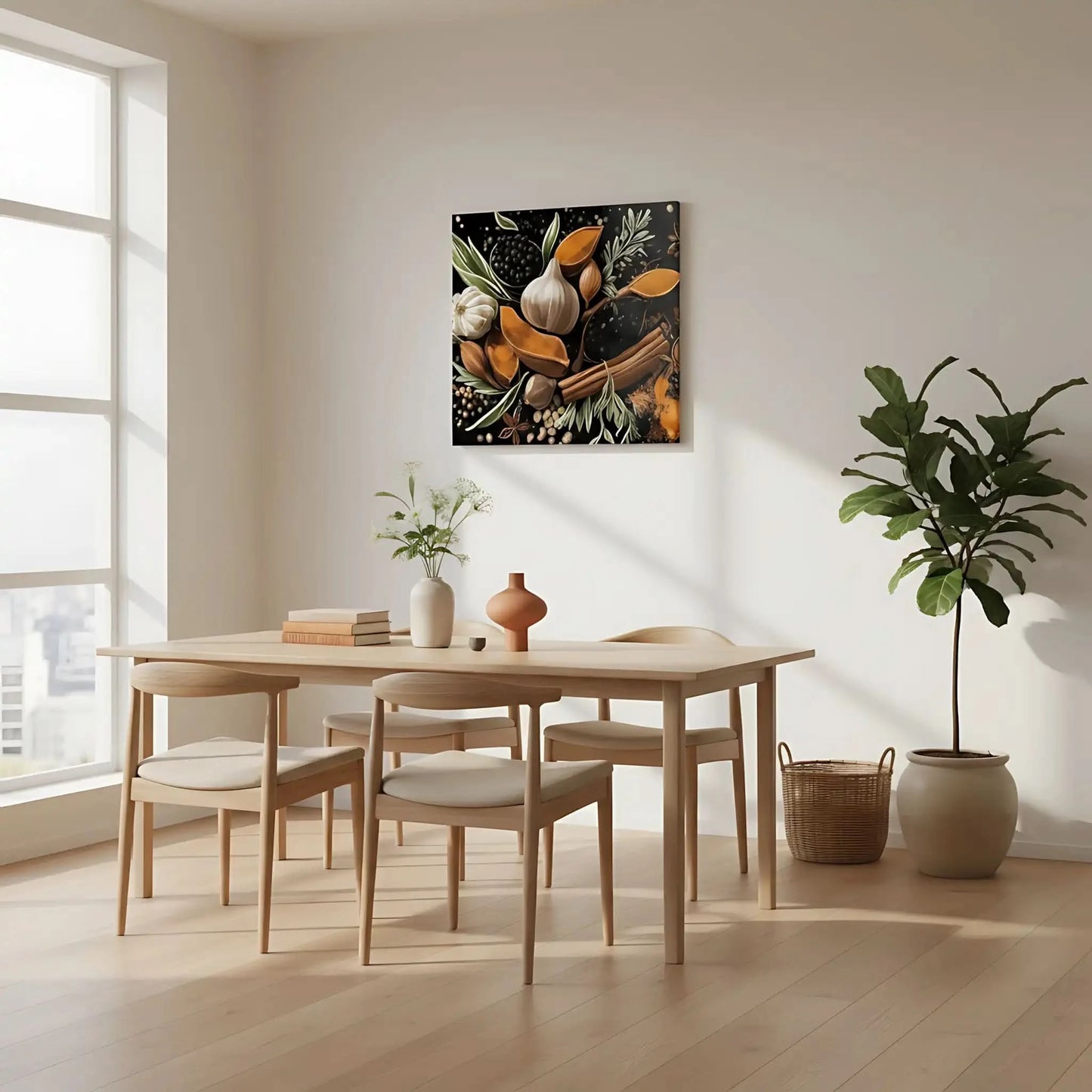 Nature morte avec épices et herbes, teintes orange et brun sur fond noir, ambiance chaleureuse pour cuisine ou salon.