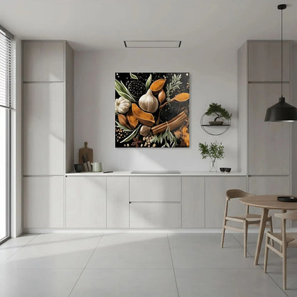 Nature morte avec épices et herbes, teintes orange et brun sur fond noir, ambiance chaleureuse pour cuisine ou salon.