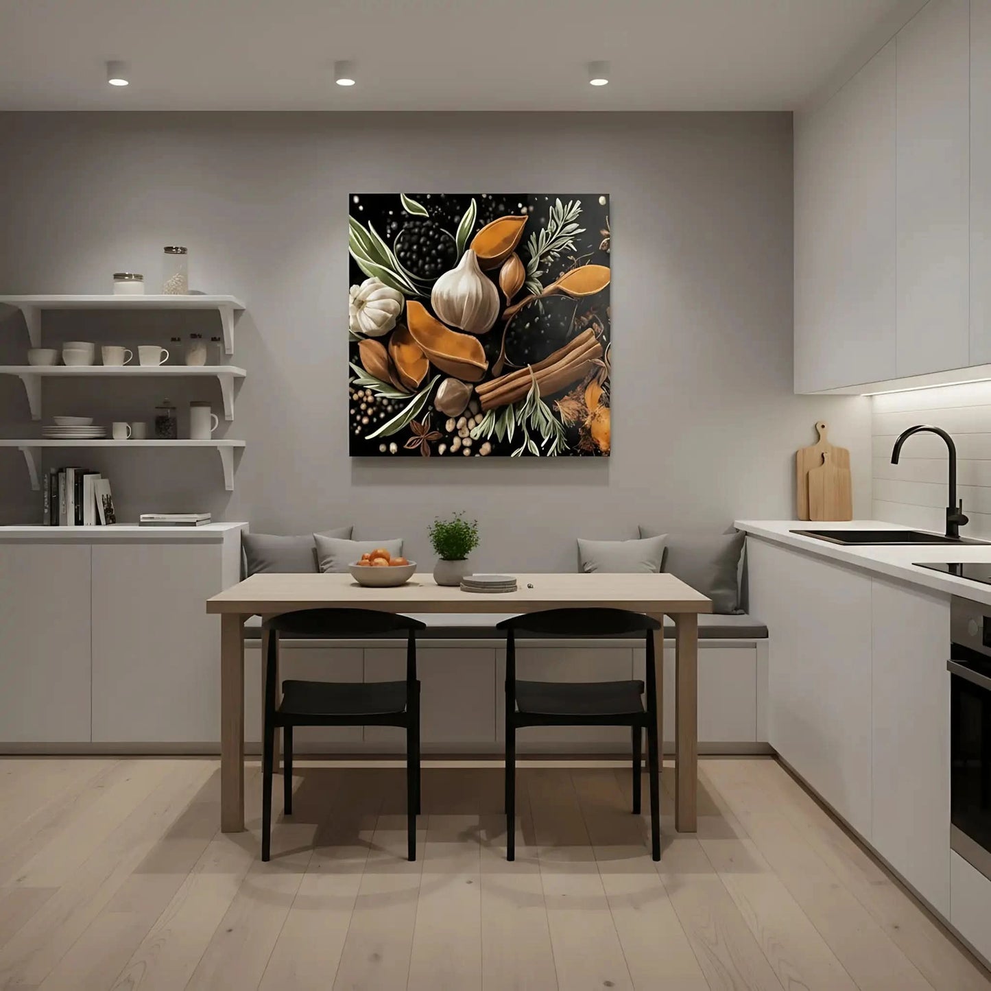 Nature morte avec épices et herbes, teintes orange et brun sur fond noir, ambiance chaleureuse pour cuisine ou salon.