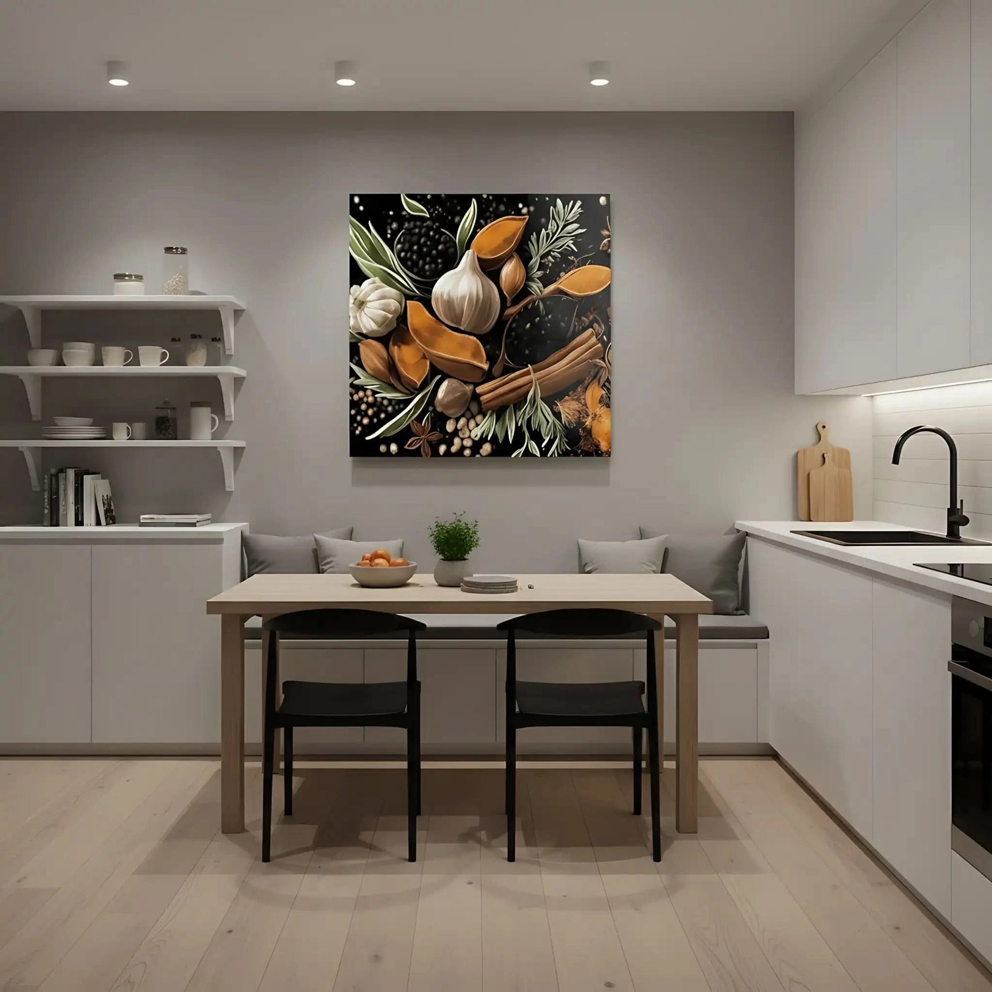 Nature morte avec épices et herbes, teintes orange et brun sur fond noir, ambiance chaleureuse pour cuisine ou salon.