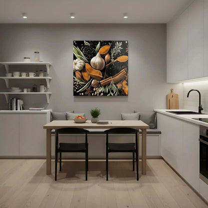 Nature morte avec épices et herbes, teintes orange et brun sur fond noir, ambiance chaleureuse pour cuisine ou salon.