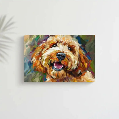 Un portrait vibrant d'un chien joyeux avec des coups de pinceau dynamiques dans des tons chauds, parfait pour ajouter une touche de gaieté.