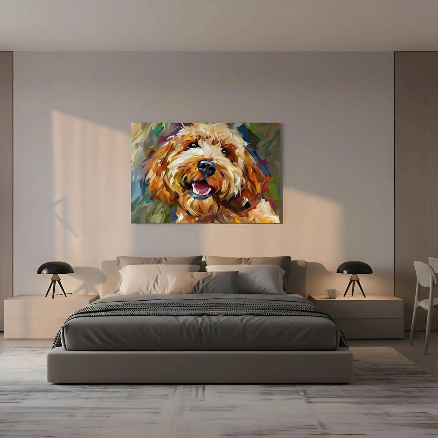 Un portrait vibrant d'un chien joyeux avec des coups de pinceau dynamiques dans des tons chauds, parfait pour ajouter une touche de gaieté.