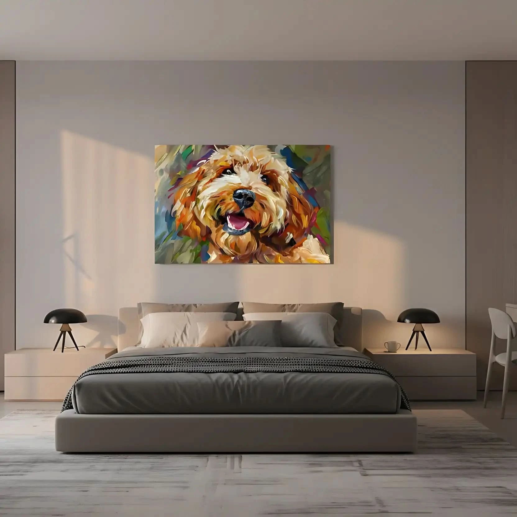 Un portrait vibrant d'un chien joyeux avec des coups de pinceau dynamiques dans des tons chauds, parfait pour ajouter une touche de gaieté.