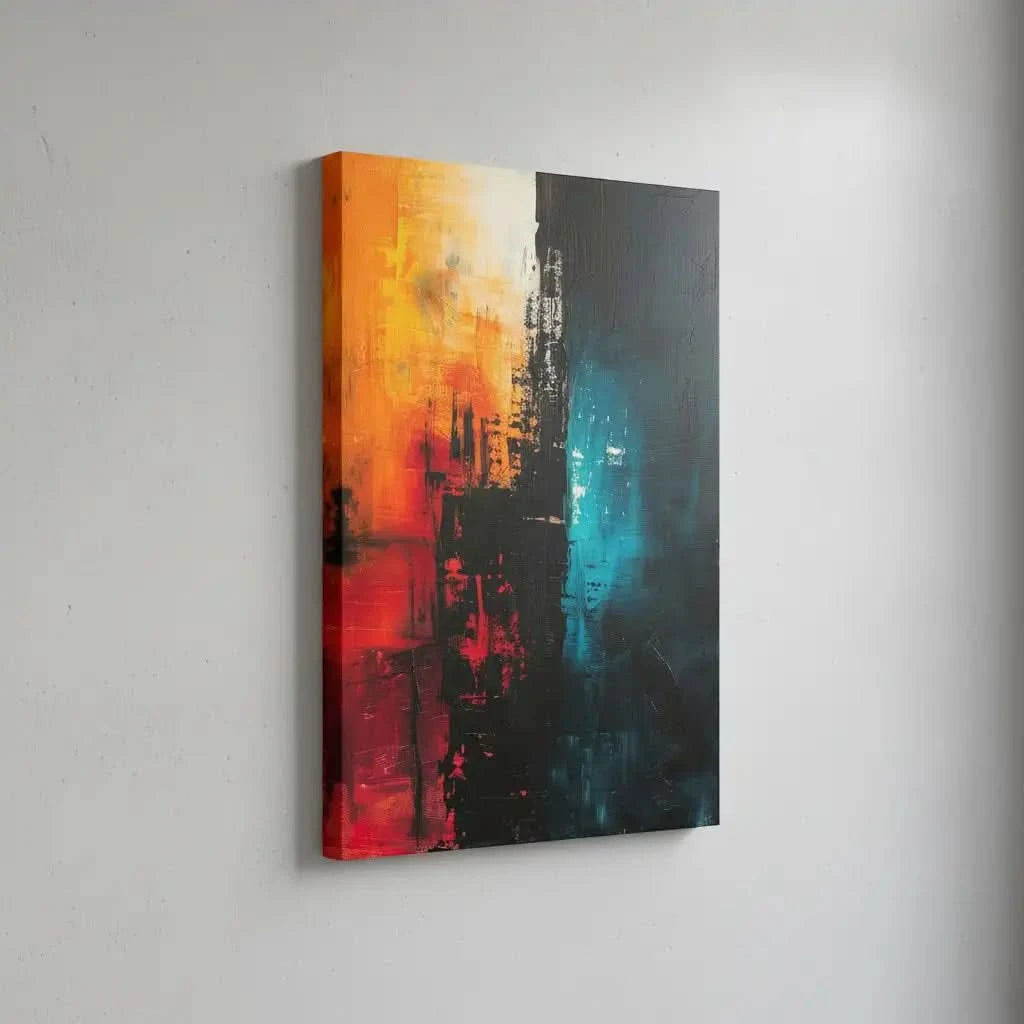 Peinture abstraite avec des éclats de couleurs chaudes et froides, créant une ambiance contrastée, idéale pour un salon moderne.
