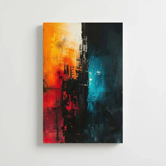 Peinture abstraite avec des éclats de couleurs chaudes et froides, créant une ambiance contrastée, idéale pour un salon moderne.